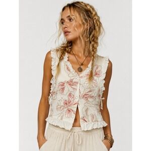Birds of Paradise Cream Red Floral Embroidered Ruffle Blouse Top M NWOT‎
